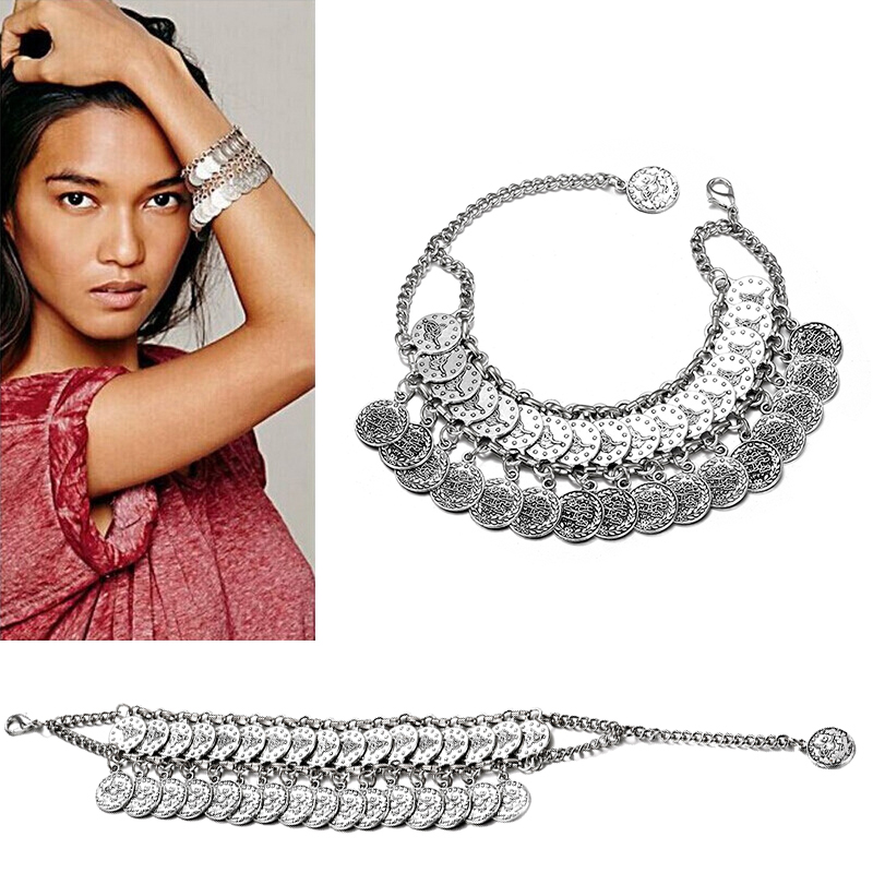 Vintage Collectible Coins - Moedas ajustáveis Pulseiras com borla para